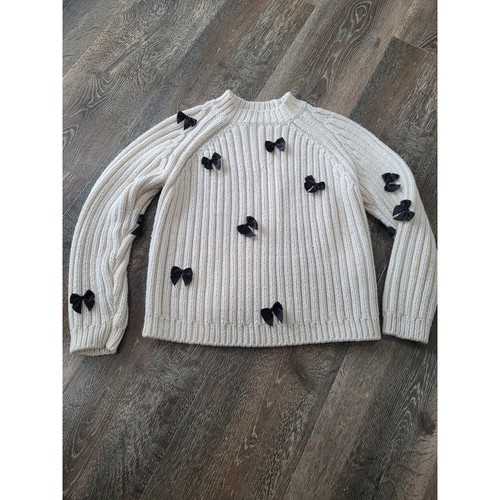 Zara Ribbed Knit Sweater Black Bows Appliques Cream Color Kids Size 10 #4