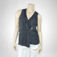 BUFFALO DAVID BITTON Large Black Sleeveless Top Vest Zipper Detail & Red Lining