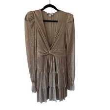 Sabina Musayev Felicie Gold Sequin Twist Front Tiered Mini Dress Long Sleeve