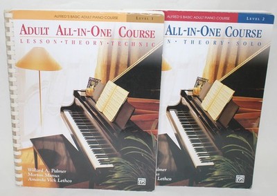 2 Books ALFRED'S BASIC ADULT ALL-IN-ONE PIANO COURSE Levels 1 & 2 1995-6 Spiral
