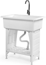Utility Sink Laundry Tub for Washing Room with Hot  Cold Faucet, Storage Shelf