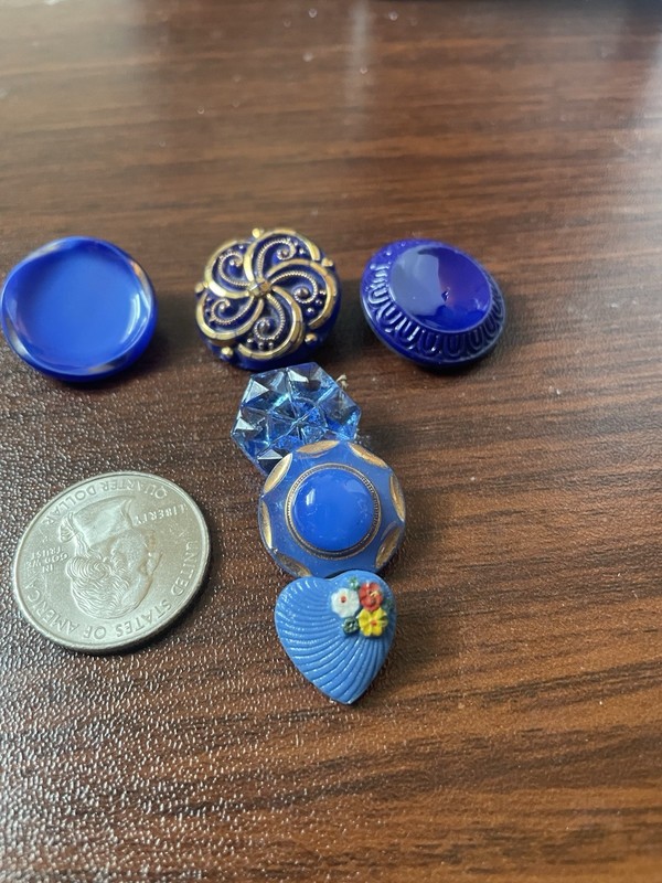 Blue Glass Buttons Including A Painted Heart Shape