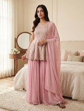 Attractive Look Faux Georgette Pink Top Lehenga With Dupatta For Reception