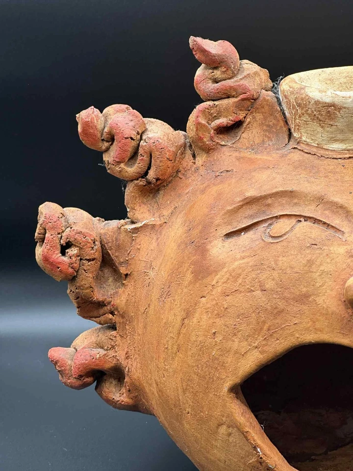 Hecho a mano cara de terracota sol, luna, máscara recipiente 11,5" arte popular escultura de arcilla Foto 4 de 4