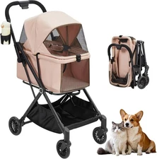 4 Wheels Foldable Pet Stroller Puppy Stroller with Storage Basket & Cup Holder