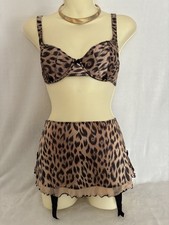 Vtg Victoria's Secret Second Skin Satin Leopard Bra 36B Garter Skirt Set L Y2K