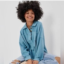 America Eagle Henley  Womens L Relaxed Oversized Blue Textured Knit Long Sleeve