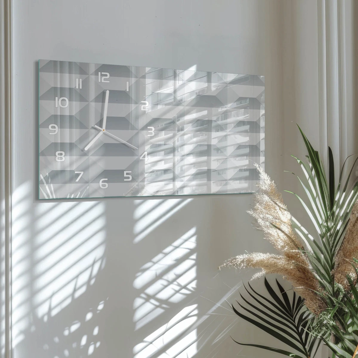 Reloj de Pared Rectangular Vidrio Templado Premium Fondo Geométrico 60x30 cm