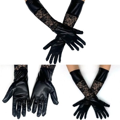 Women s Stretch Faux Leather Lace Elbow Length Gloves Full Finger Gloves Gift