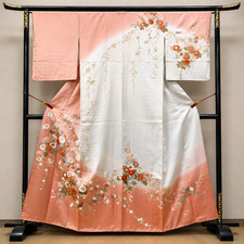 Japanese Houmongi Kimono Silk Floral Hand Painted Gold Accents Vintage Japan