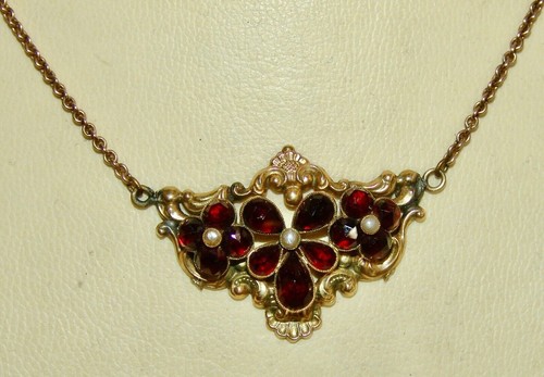 Collier - Kette Granat und Saatperlen Biedermeier 19. Jh. Schaumgold vergoldet - Bild 4 von 13