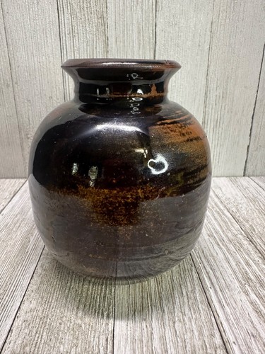Vtg 4.5 inch Vase Stoneware Pottery Ceramic Dark Brown Galaxy Glaze MCM - Picture 2 of 7
