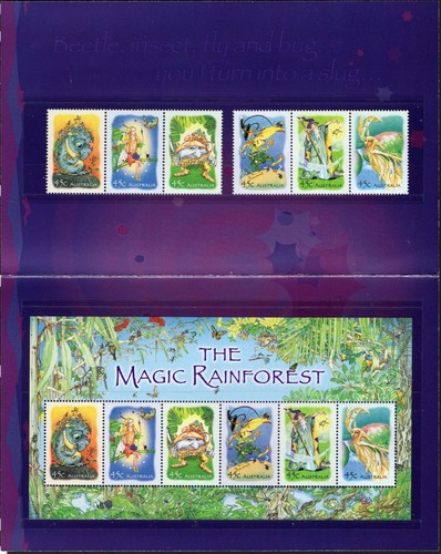 Australia The Magic Rainforest 2002 conjunto de 6 y mini hoja paquete de estampillas, sin abrir - Imagen 2 de 2