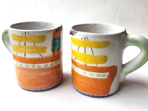 2 Vintage DeSimone Italian Pottery Mugs Steamship Ferry Sicilian Folk Art Signed