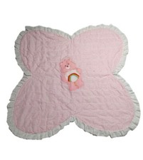Vintage 80s Care Bears Cheer Bear Baby Blanket Applique Pink Gingham Lace Trim