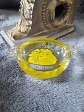 Ashtray Art Glass Hand Blown Floral Yellow Mid Century Glass 