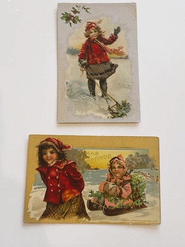 Antique Christmas Postcard Embossed Unused Set 2 AMP Girls Sled Series 403 LOT B - Afbeelding 1 van 8