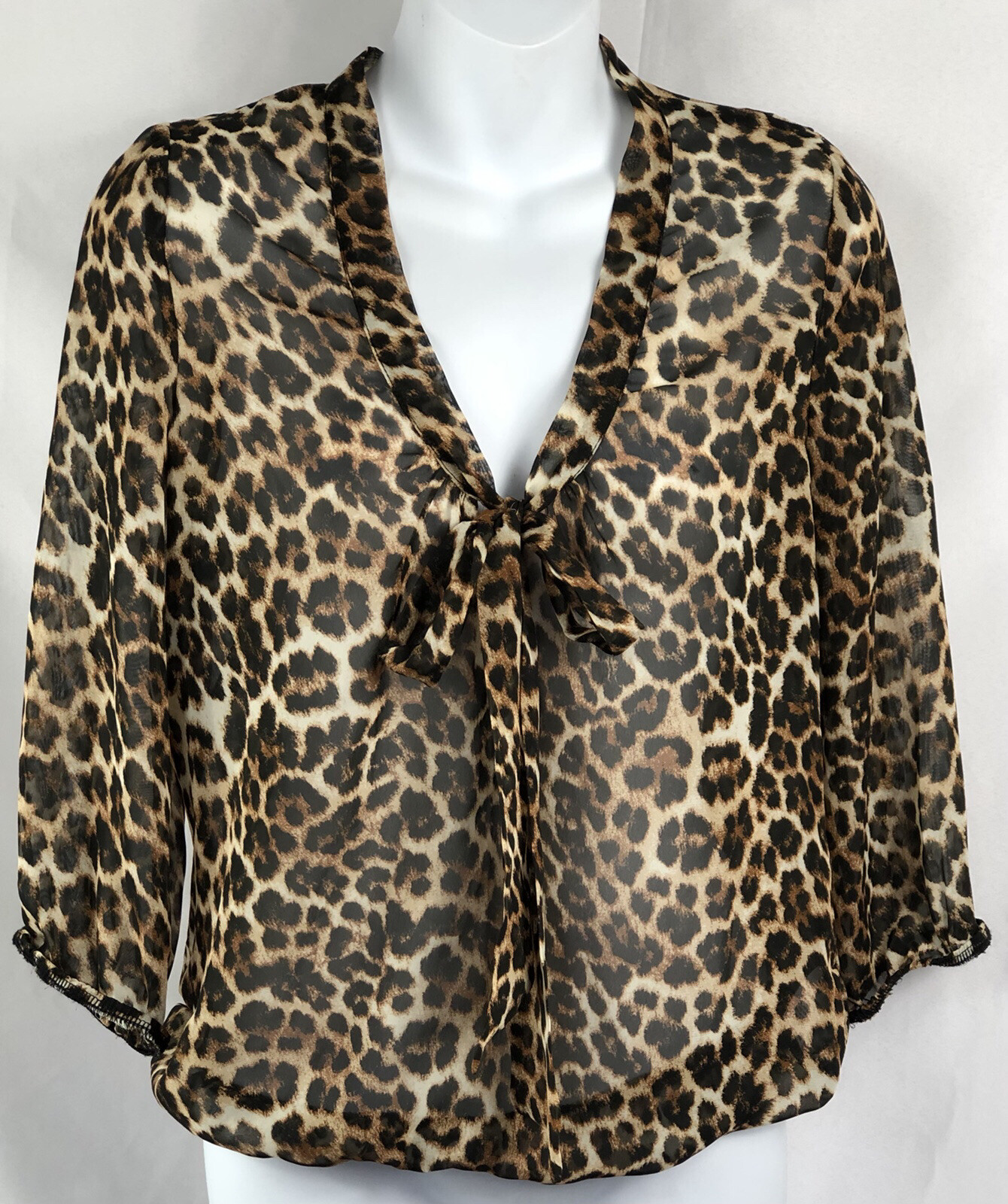Spoiled chiffon Top M Brown Leopard plunge V-Neck Bow Accent Retro Glam Y2K punk