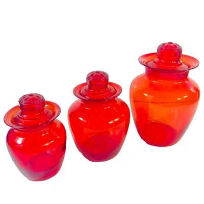 Takahashi Art Glass Apothecary Jars x3 Trio MCM Retro Red Japan Canister set - image 1 of 4