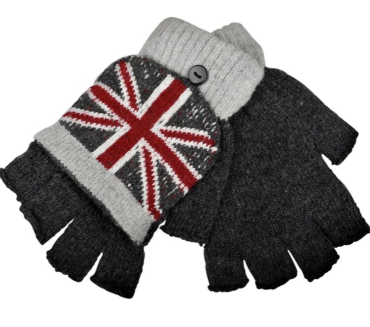Union Jack British Flag Knitted Unisex Fingerless Flap Over  