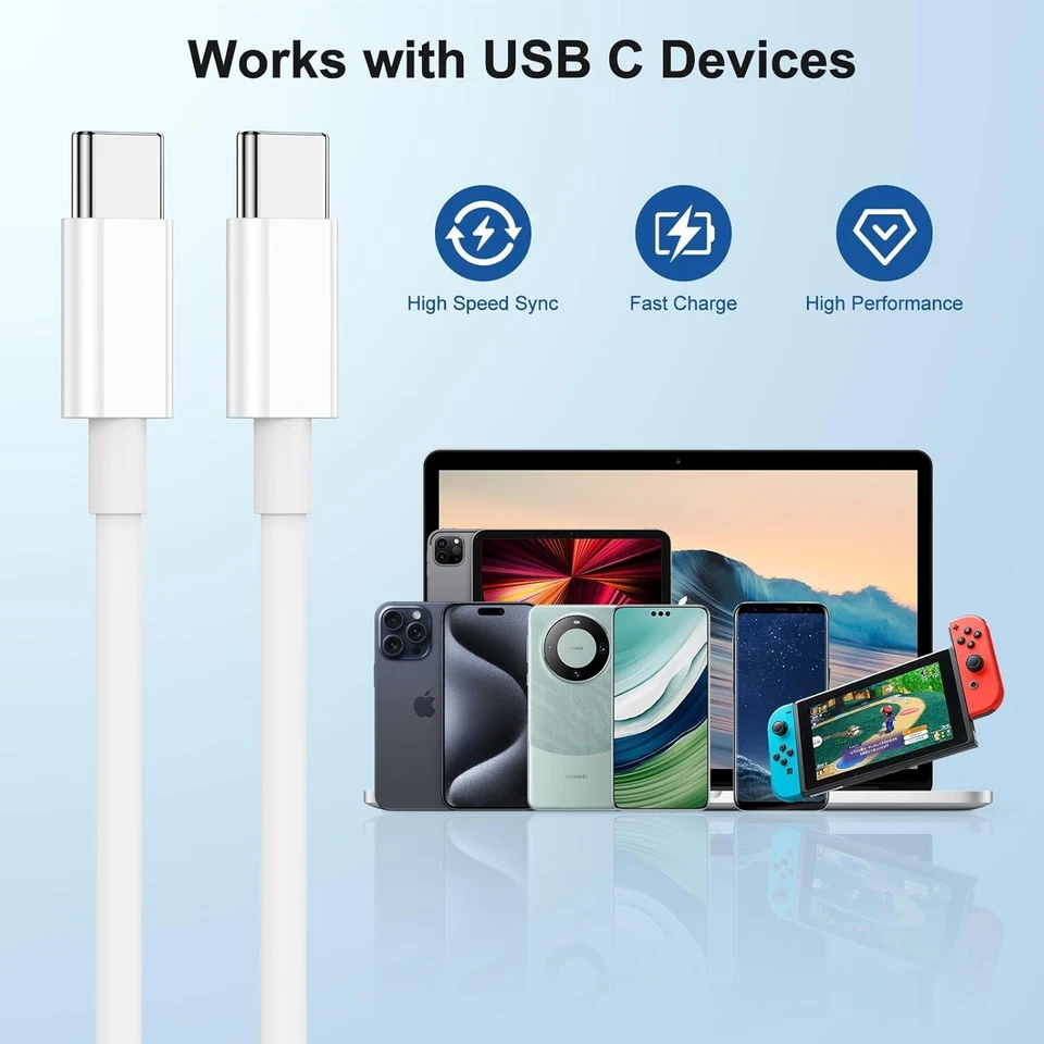 USB-C to USB-C Cable Fast Charger Type C Lead For iPhone 15,16 Samsung S20 toS25 - Image 3 of 4