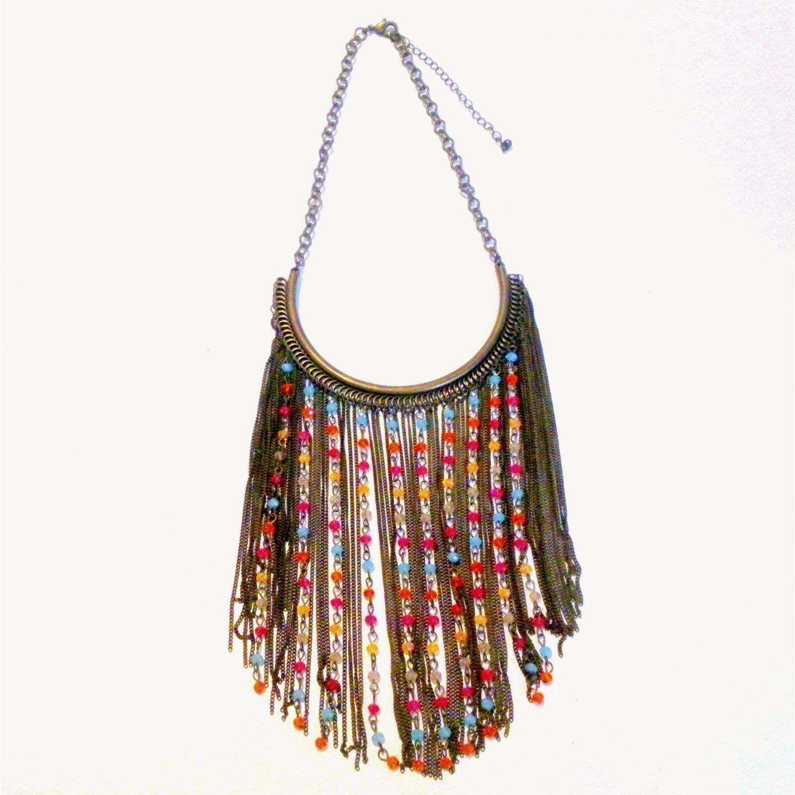 Bronze Tone Multi Color Beaded Long Fringe Statem… - image 3