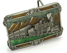 History of Railroad Scene Enamel Belt Buckle, Vintage 1984, Siskiyou A-29, Read