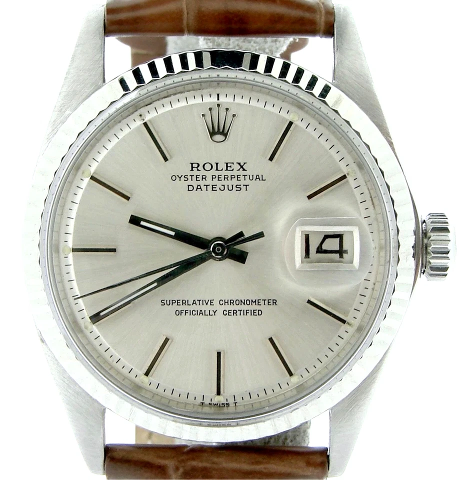 Reloj Rolex Datejust 1601 para hombre de acero inoxidable de oro blanco de 18 quilates esfera plateada marrón