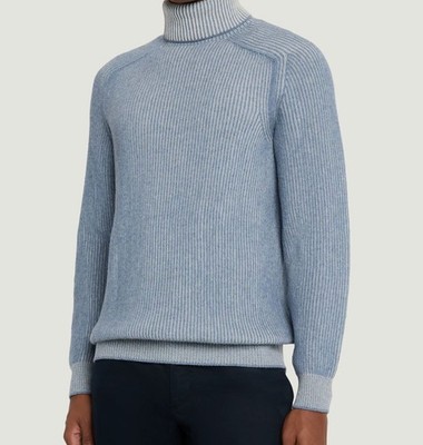 Sease Men Blue Gray Wool Dinghy Roll Cashmere Knit Rib Turtleneck Sweater Size L