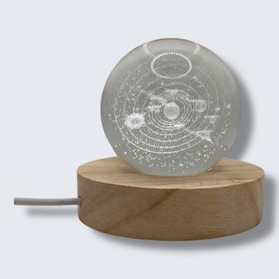 3D Solar System Crystal Sphere With LED Wooden Base - Illuminated Decoration For