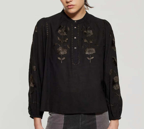 ANTIK BATIK Isla Embroidery Blouse Top Black L 100% Cotton $315 Paris Designer