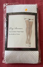 LEG AVENUE 9011 Stockings Fishnet Nylon Thigh Highs - One Size - White - NEW