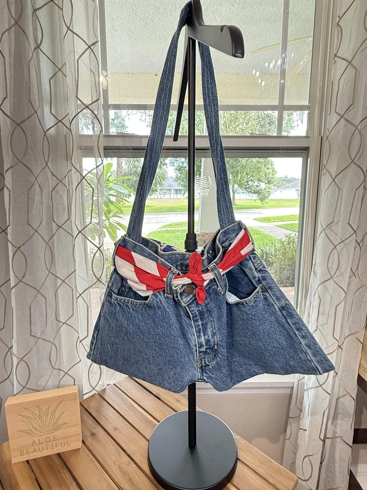 Bolso De Colección Y2K Años 90 Desteñido Gloria Bolso de Mano Denim Jeans Bandera de EE. UU. Bufanda Cartera Foto 2 de 4
