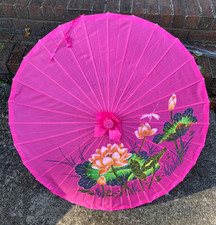 Chinese Japanese Bamboo Silky Umbrella sz 22" Open sz 32" Pink Lotus Dragonfly