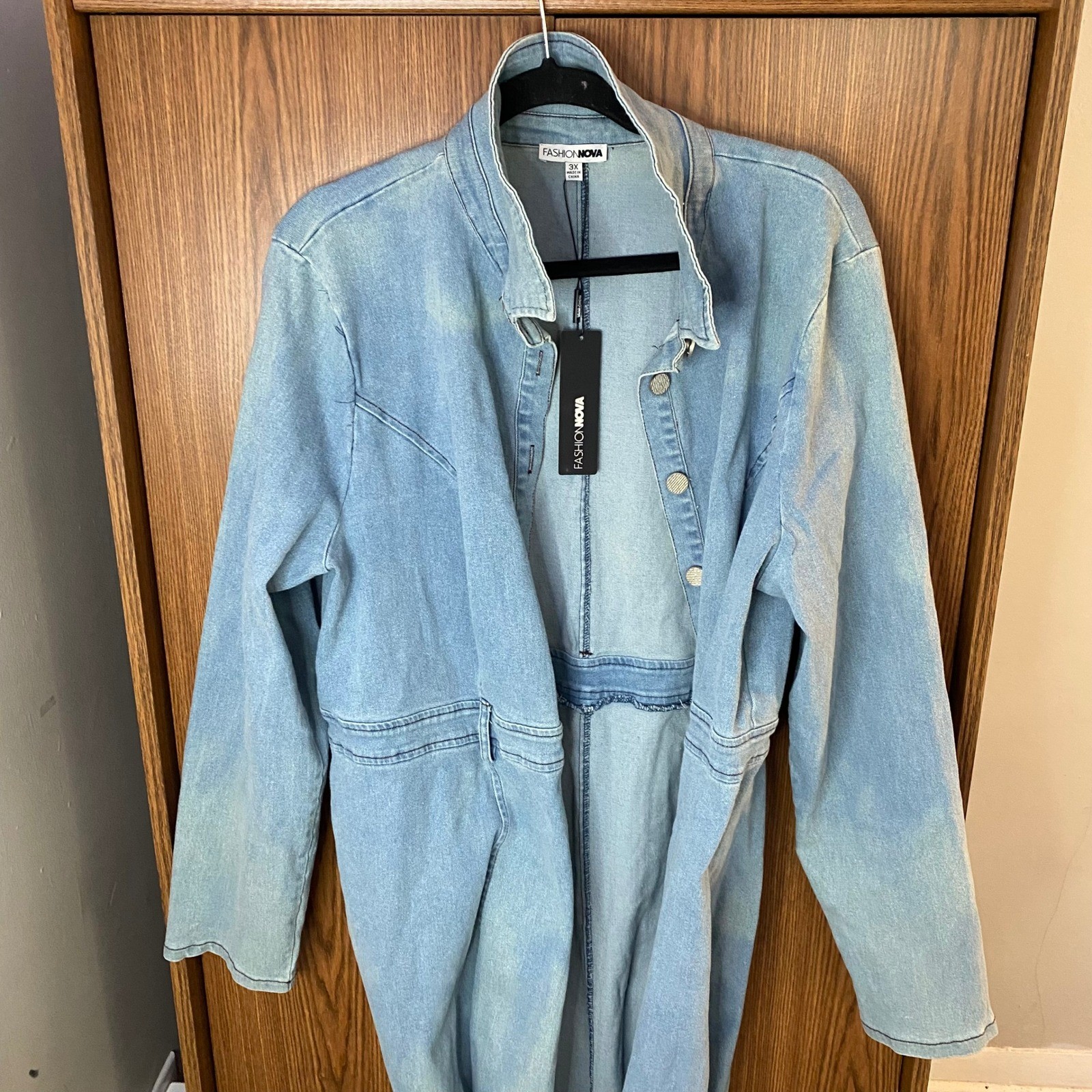 Fashion Nova Denim Duster Coat Women 3X Light Blue Long Sleeve Belted Maxi