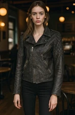 Schott Studded Lambskin Leather Perfecto Moto Jacket Women’s VTG Large Brown