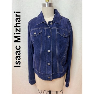 Isaac Mizrahi Blue Suede Jacket Womens Medium Button Front Casual Chic Style Lux