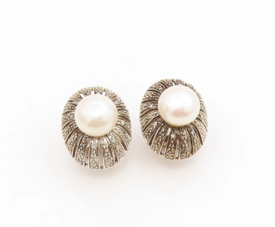 925 Sterling Silver Vintage Earrings Real Diamonds & Pearl Omega Back  EG13916 - Image 2 of 4