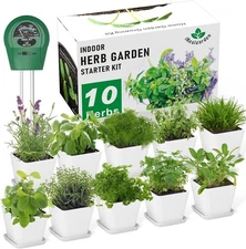 Indoor Herb Garden Kit,10 Non-GMO Herb Seeds with Soil,Pots & Moisture Meter..