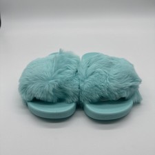 Faux Fur Rhinestone Slippers  Bling Crystal Slide Sandals  Cyan Color