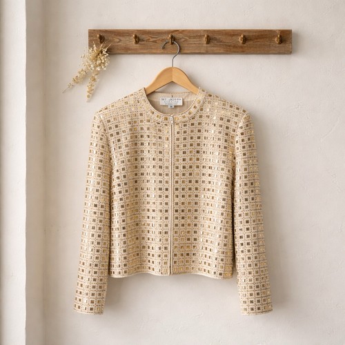 St. John Knits Evening By Marie Gray Embellished Gold and Cream Zipper Jacket