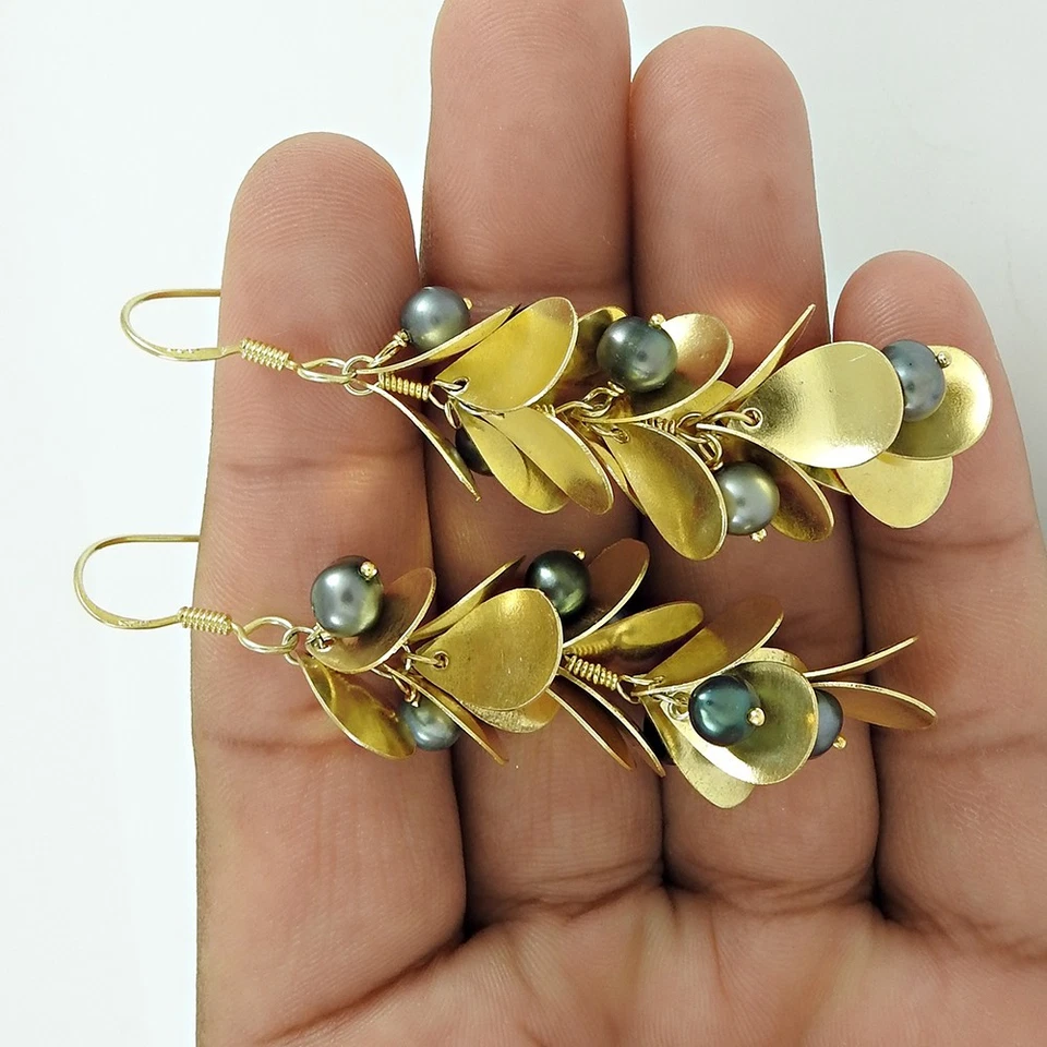 Pendientes Hija Chapados en Oro Gota Étnica Piedras Preciosas de Perla Redonda Plata Sólida 925 Foto 3 de 4