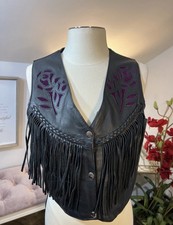 Vintage Unik Black Leather Fringe Vest with Purple Rose Cutouts Size Medium