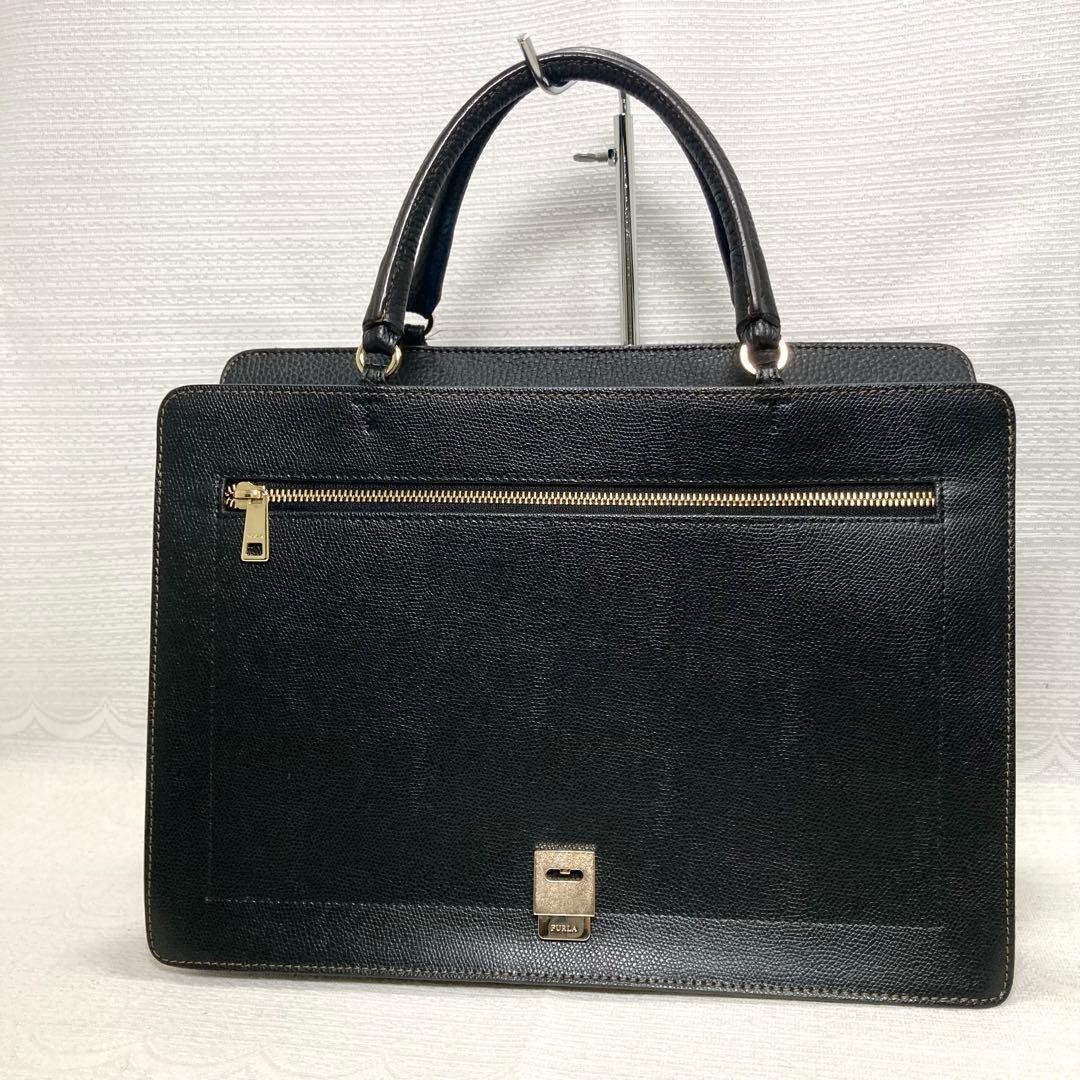 FURLA Handbag Tote Medium Logo Leather Black cute Women's for Present FROM JAPAN