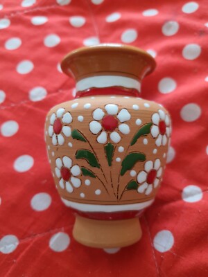 Kleine handgefertigte Terrakotta & Emaille Vase signiert Spathas Rhodos Griechenland 11 cm hoch