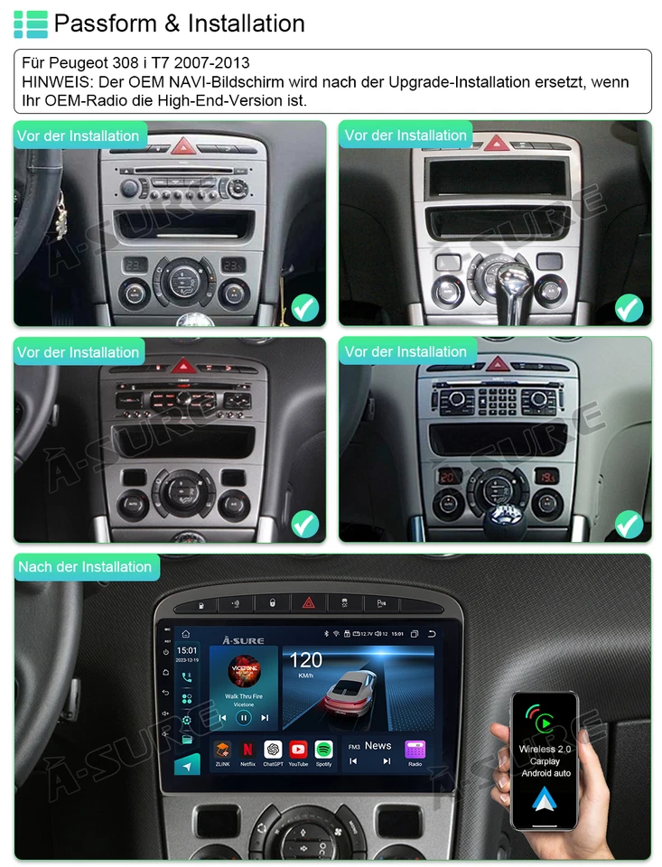 9" 4+64GB Android 14 Autoradio CarPlay GPS NAV DSP Für Peugeot 308 408 2007-2013 - Bild 3 von 4