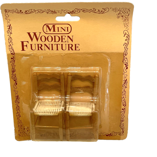 Vintage Mini Wooden Furniture Dollhouse Dining Room Chairs X2 w/Woven Seat NIP