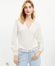 LOFT NWT Textured Balloon Sleeve Split Neck Sweater - Whisper White-Size Medium