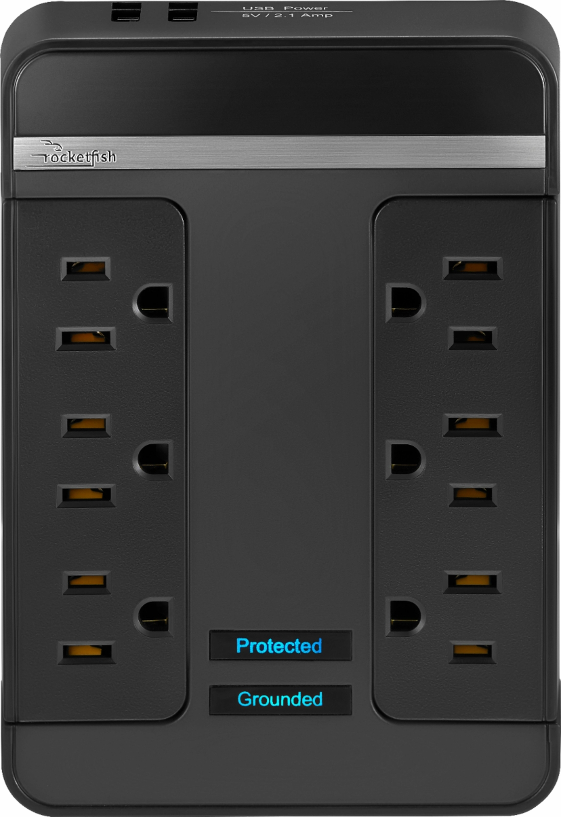 Rocketfish- 6 розеток / 2 USB-поворотных настенных крана с защитой от перенапряжения мощностью 2100 Джоулей - Черный