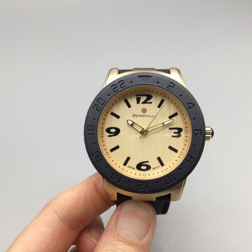 Bernoulli Watch Men 45mm Gold Tone Black Band Wood Gain DialNew Battery - Picture 8 of 16